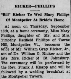 Ricker - Philips, The Waterbury Record 9/15/1937